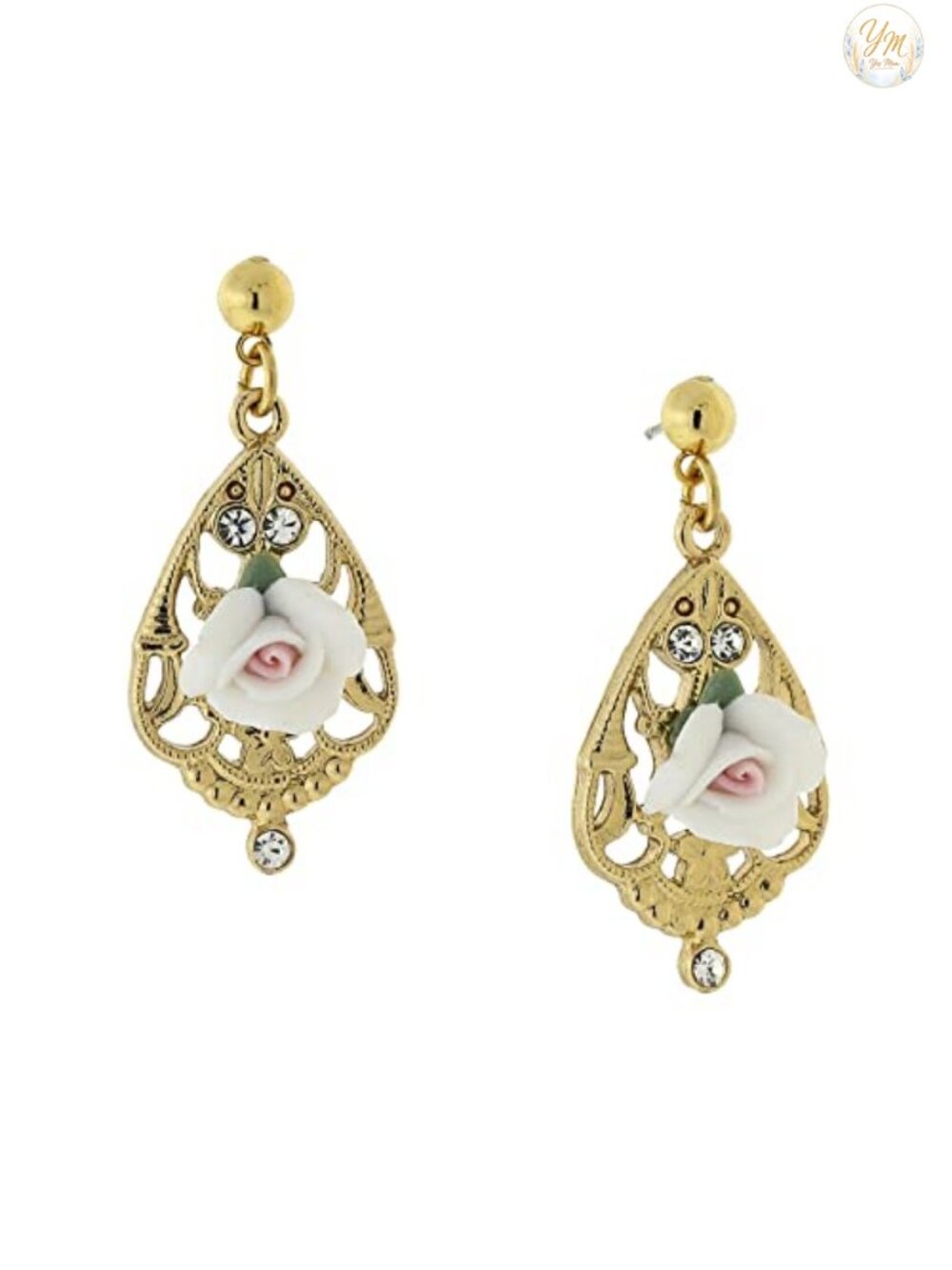 14K Gold Dipped Filigree Teardrop Earrings Porcelain Rose Crystal Accent